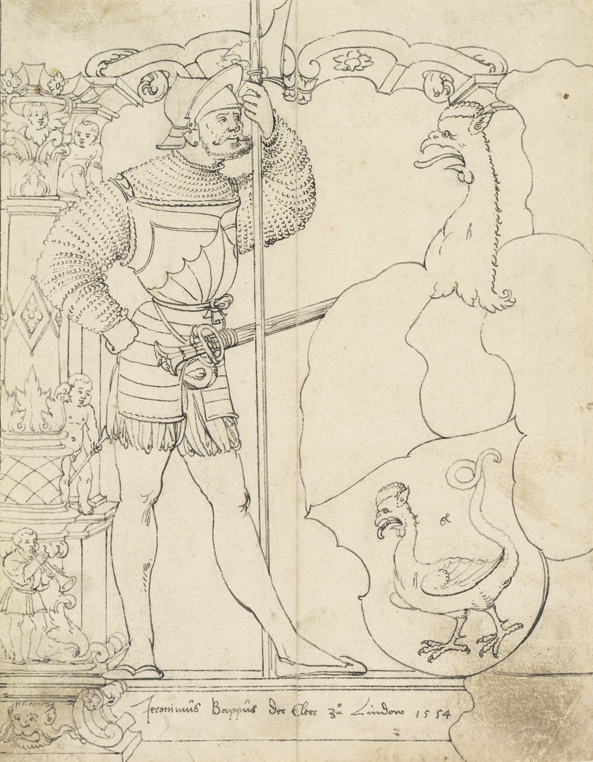 Riss für Wappenscheibe Hieronymus Pappus d.Ä. von Lindau